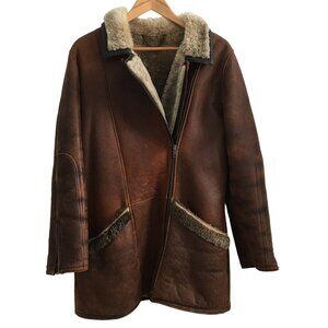Vintage Brown Shearling Leather Coat W/ Sheepskin Lining Zippered Cuffs & Collar